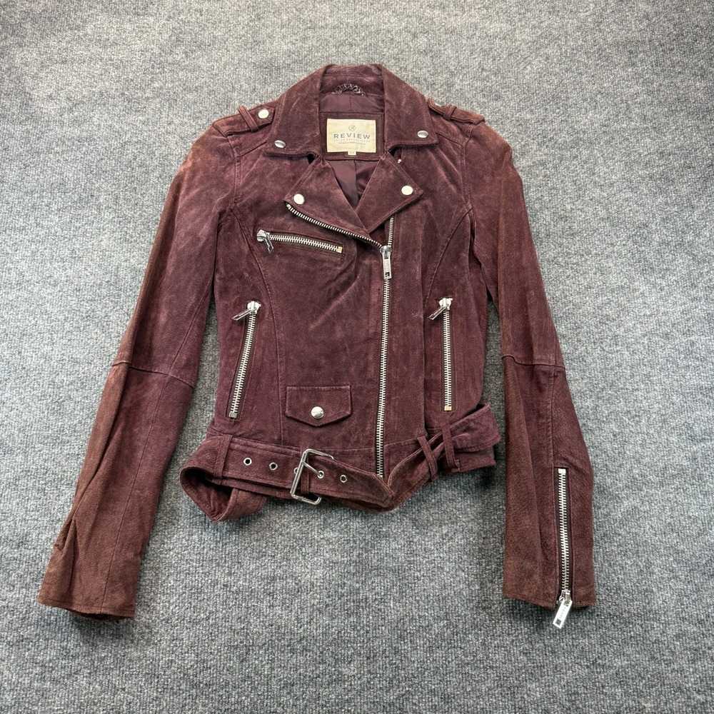 Review Womens Suede Leather Moto Jacket XS Mauve Asymmetric Zip Belted Biker